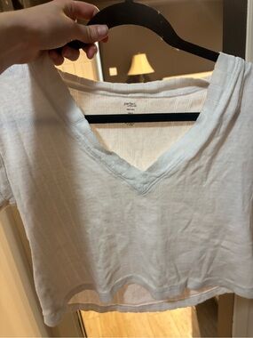 perfectwhitetee White V-Neck Ribbed Pointelle Short Sleeve Tee